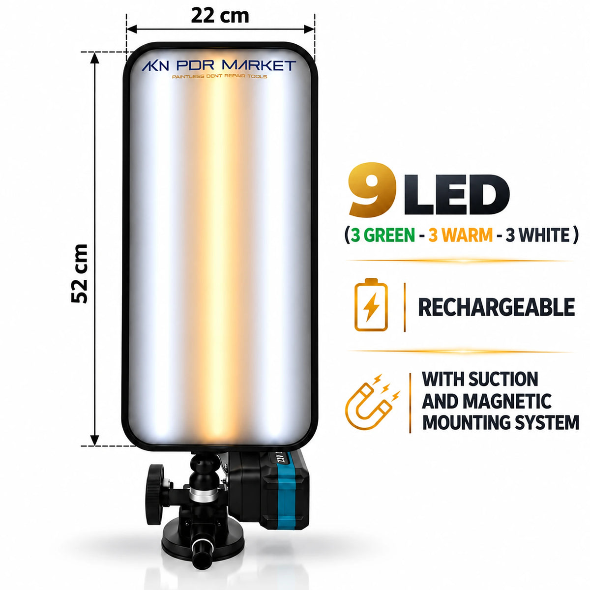 Kabelloses 9-LED-PDR-Lichtboard mit Saugnapf- und Magnetbefestigung