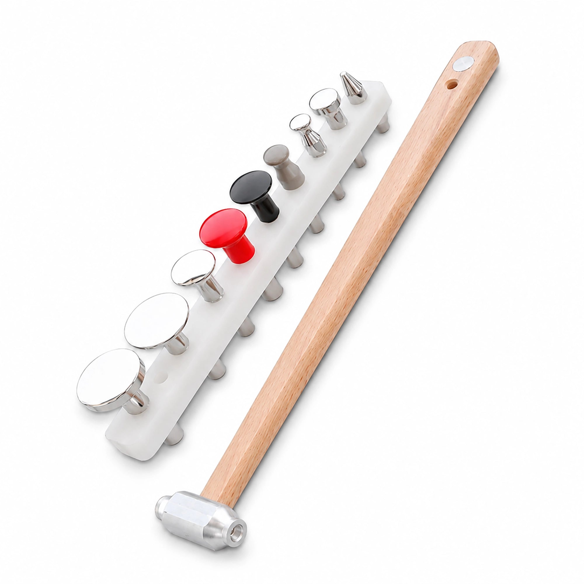 Overhead product shot of PDR INOX 10-piece blending hammer set with polished aluminum head and ergonomic magnetic wooden handle on white background, showcasing all ten high-polish stainless steel and polymer interchangeable tips neatly organized on a polymer block for instant visual confirmation of precision hail repair capabilities.