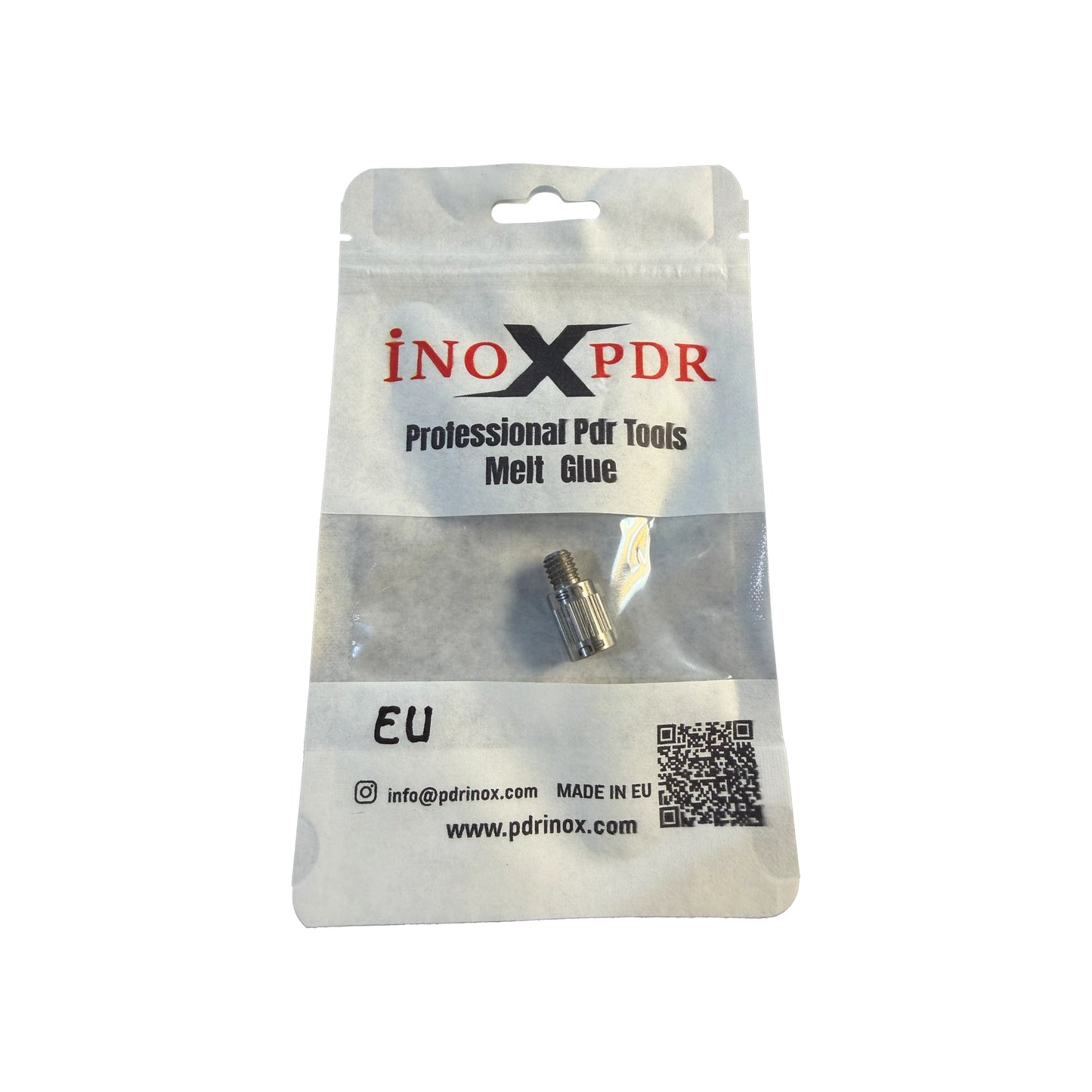 Professional PDR technician connecting a universal European M8 tip to an American 5/16 inch thread dent repair rod.