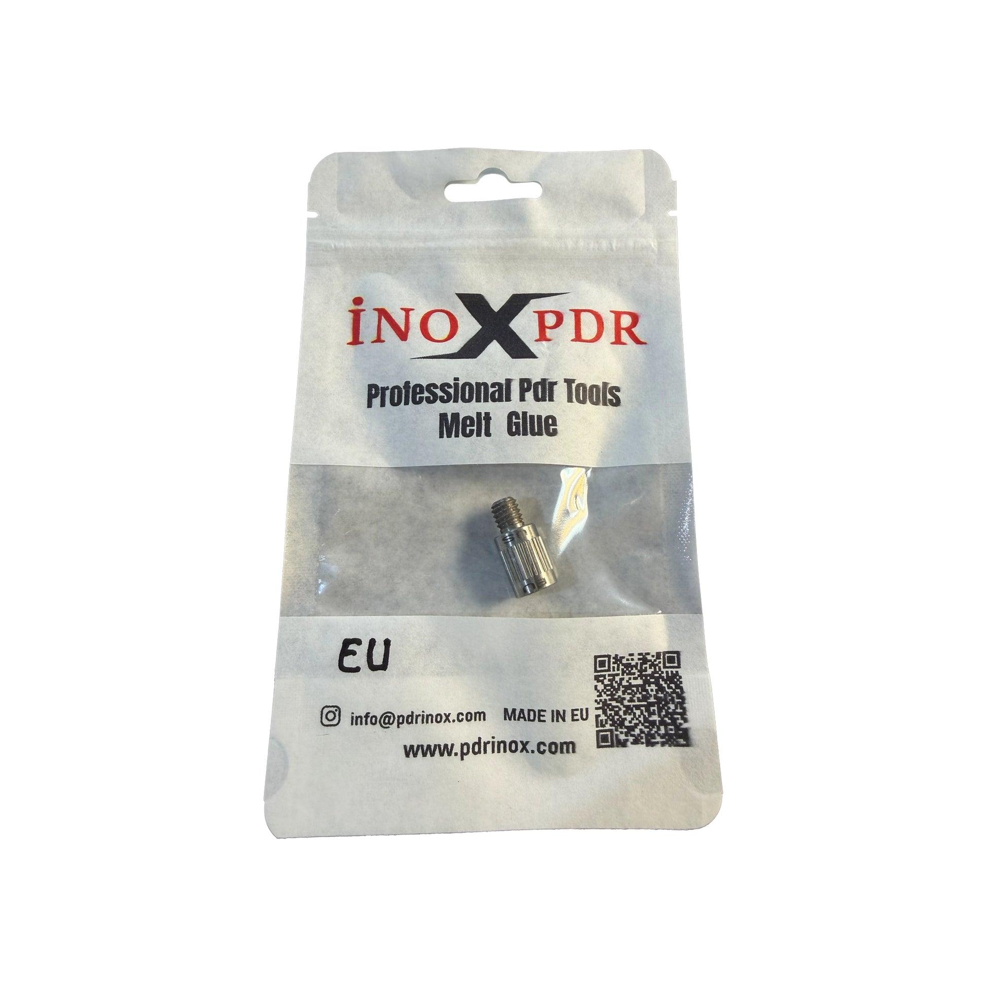 Professional PDR technician connecting a universal European M8 tip to an American 5/16 inch thread dent repair rod.