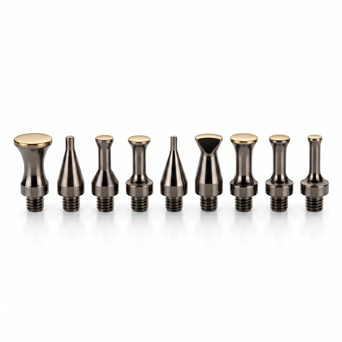 Premium PDR INOX 9-piece polished stainless steel interchangeable tip set (M8 / 5/16") with various geometries for blending hammers and knockdown pens.