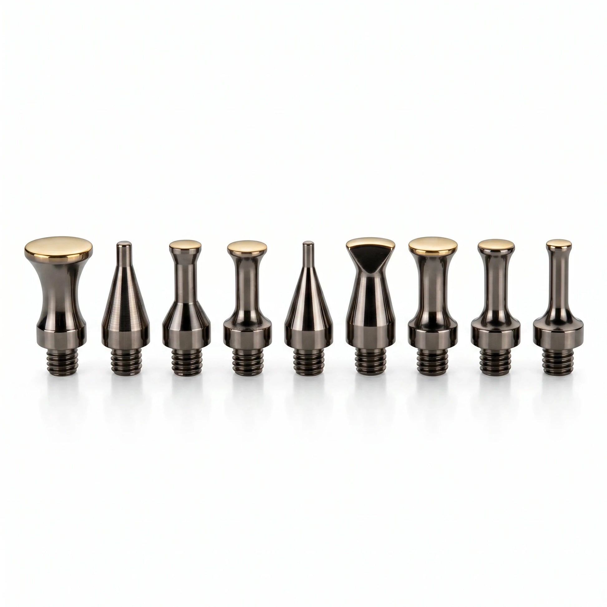 Premium PDR INOX 9-piece polished stainless steel interchangeable tip set (M8 / 5/16") with various geometries for blending hammers and knockdown pens.