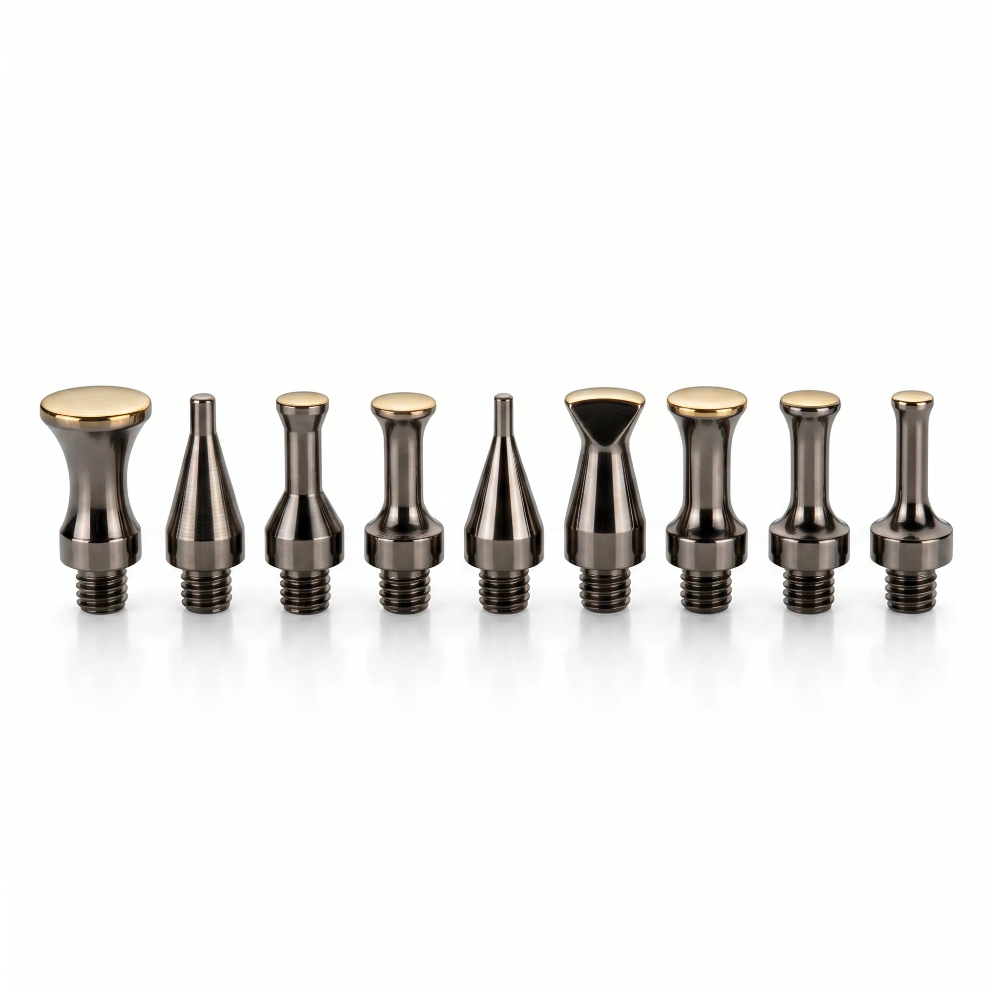 Premium PDR INOX 9-piece polished stainless steel interchangeable tip set (M8 / 5/16") with various geometries for blending hammers and knockdown pens.