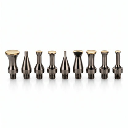 Premium PDR INOX 9-piece polished stainless steel interchangeable tip set (M8 / 5/16") with various geometries for blending hammers and knockdown pens.