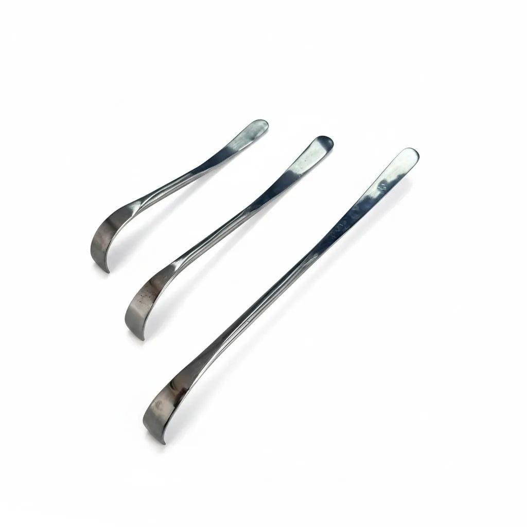 Close-up of the sharp hook tips on the stainless steel PDR tools