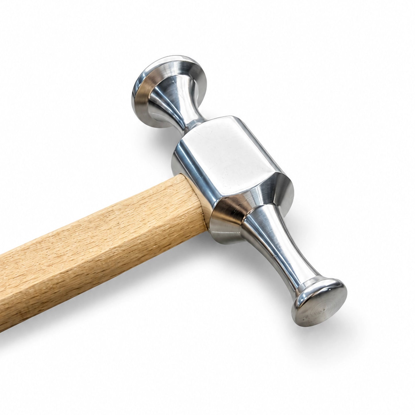 Vibration-dampening ergonomic seasoned wood handle on professional PDR INOX auto body blending hammer.