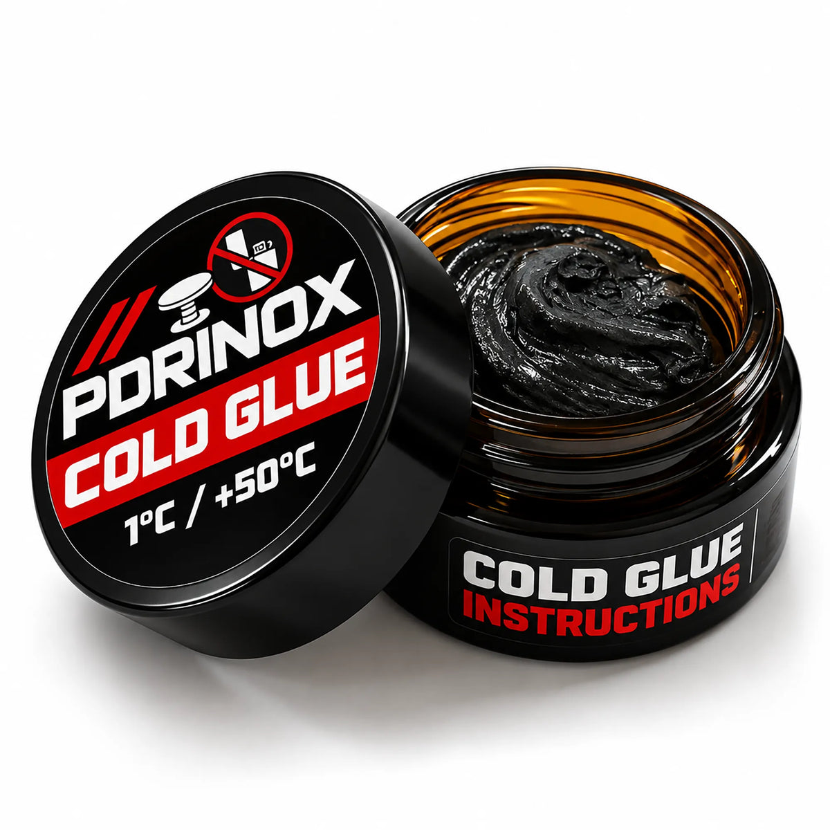 Open jar of PDR INOX flame-free cold glue for hot weather