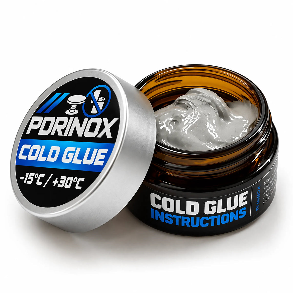 Open jar of PDR INOX flame-free cold glue for dent repair