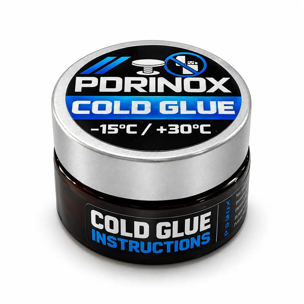 PDR INOX Cold Glue jar with application instructions label