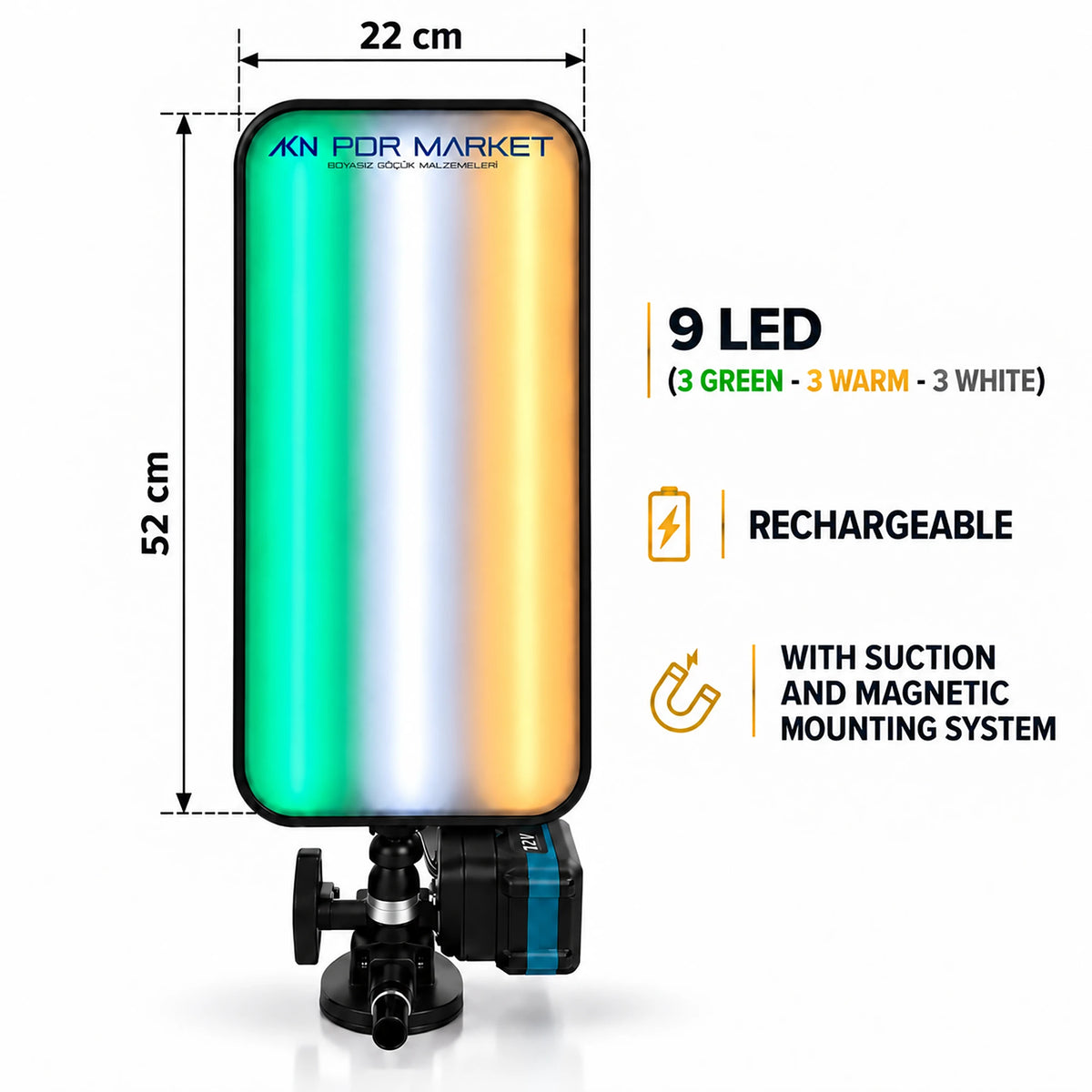 Kabellose 9-LED-PDR-Lampe mit Saugnapf und Magnethalterung, Akku nicht im Lieferumfang