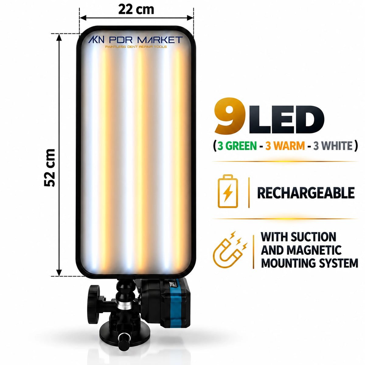 Kabellose 9-LED-PDR-Ausbeullampe zur Dellenreparatur, Vorderansicht