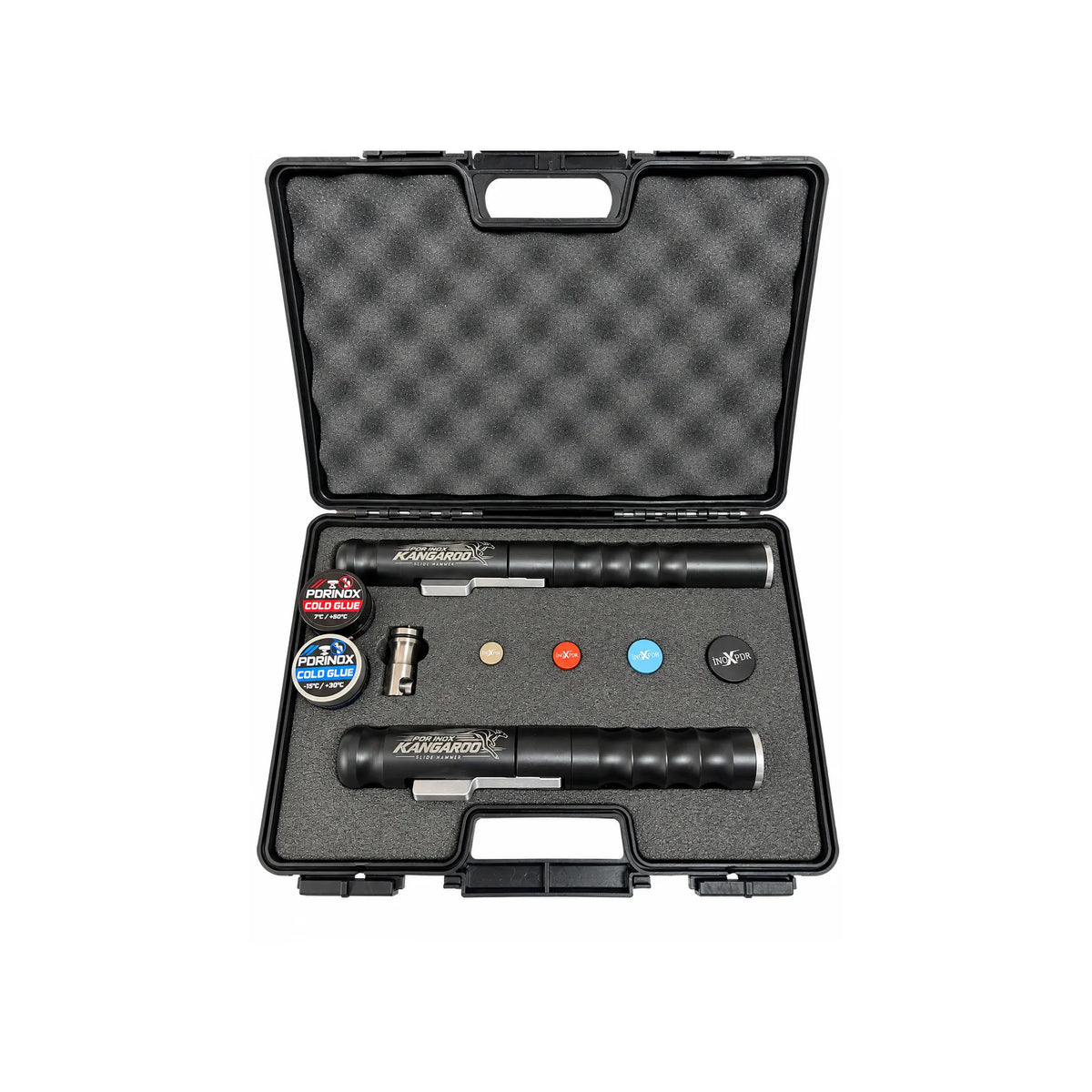 Kangaroo Duo trigger slide hammer set in carrying case with PDR INOX summer and winter cold glue
