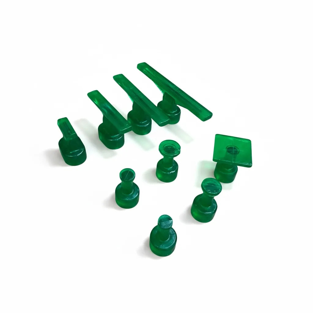 PDR INOX transparent green tab applied with hot melt glue