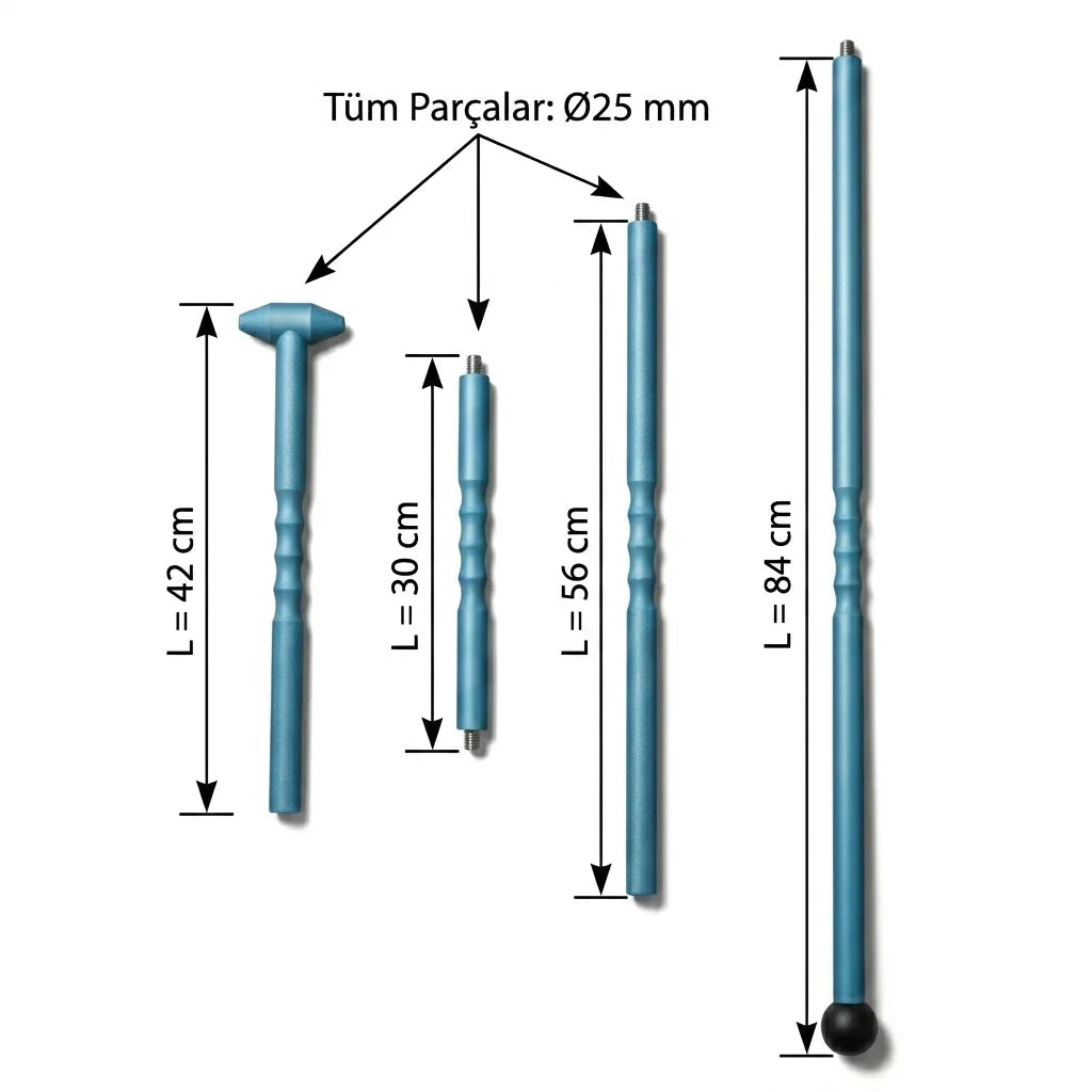 4-piece modular setup of the PDR INOX aluminum roof rod allowing customizable lengths for roof dent removal