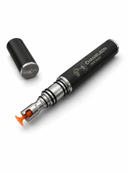 Universal stainless steel tip adapter on the Chameleon PDR master blending rods for hot and cold glue setups.