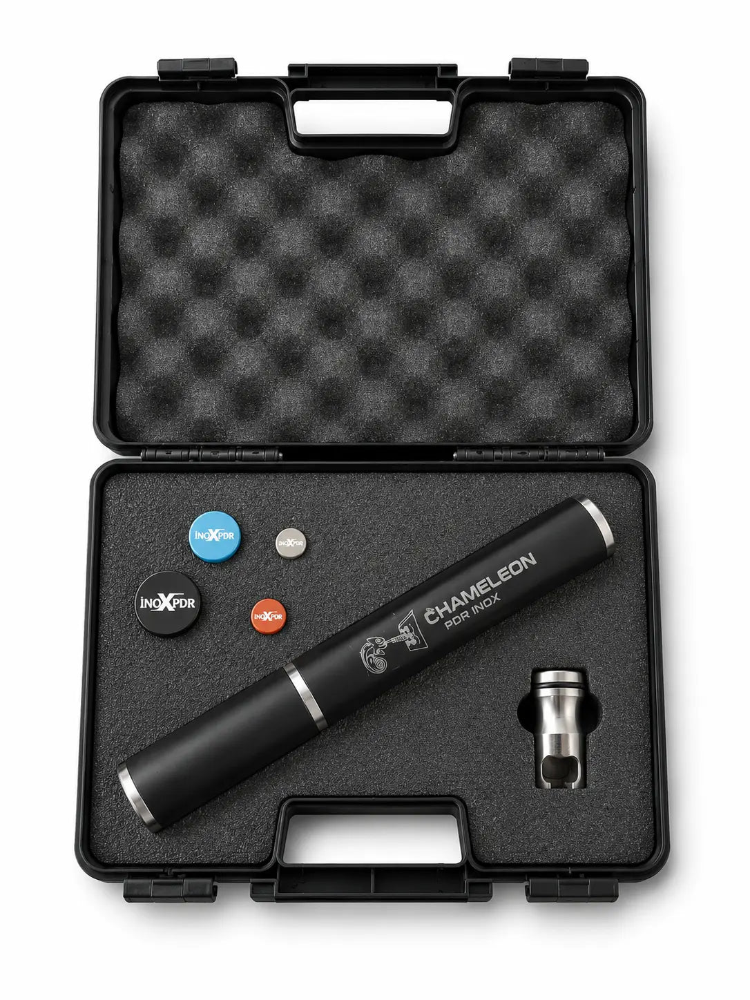 Chameleon PDR INOX Precision Edition 20.05cm short blending rod kit with color-coded caps in a black case.